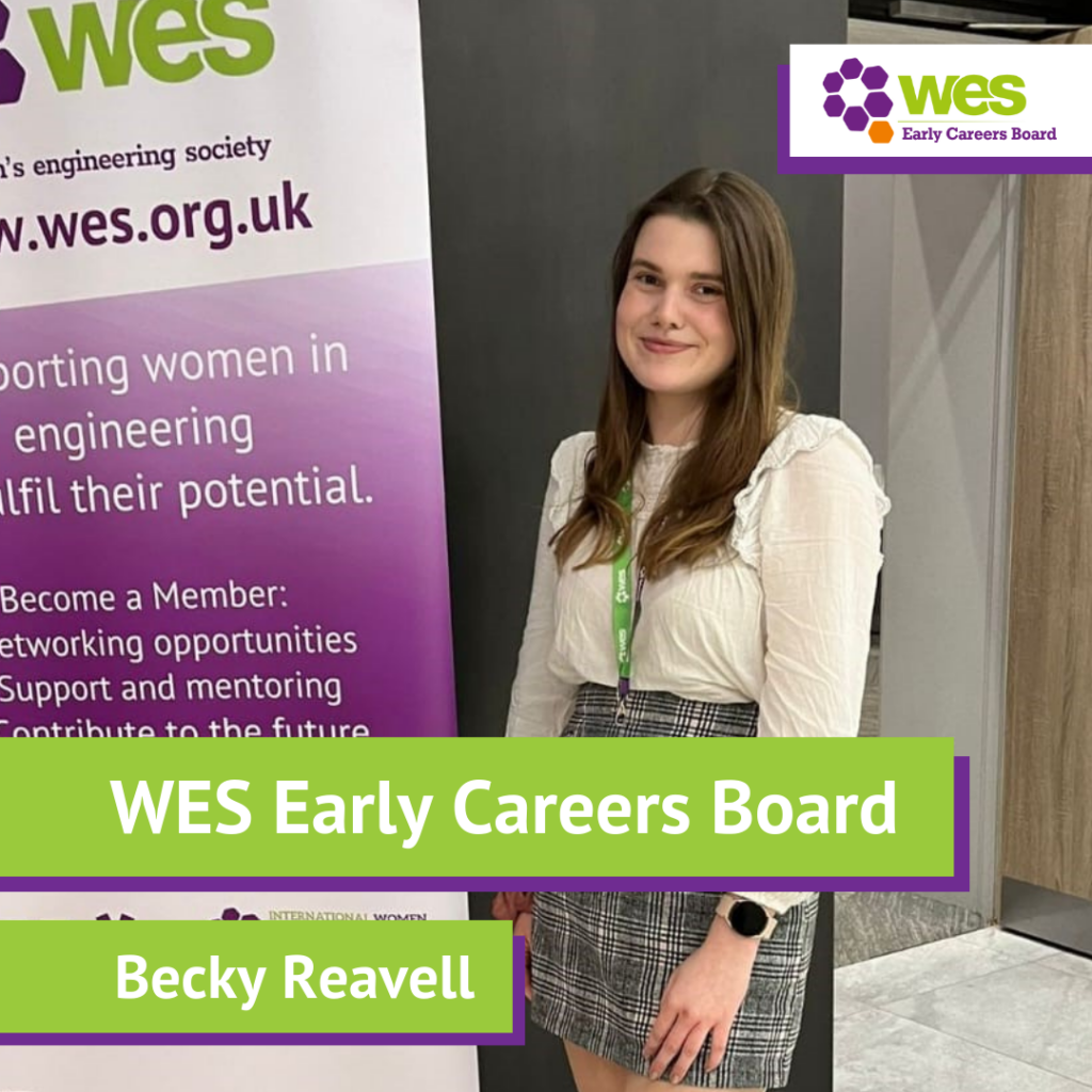 Young woman standing next to a purple and white banner for WES Early Careers Board, smiling at the camera. The banner promotes supporting women in engineering and professional development opportunities.