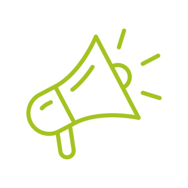 Green line drawing of a megaphone with sound lines emanating from it.