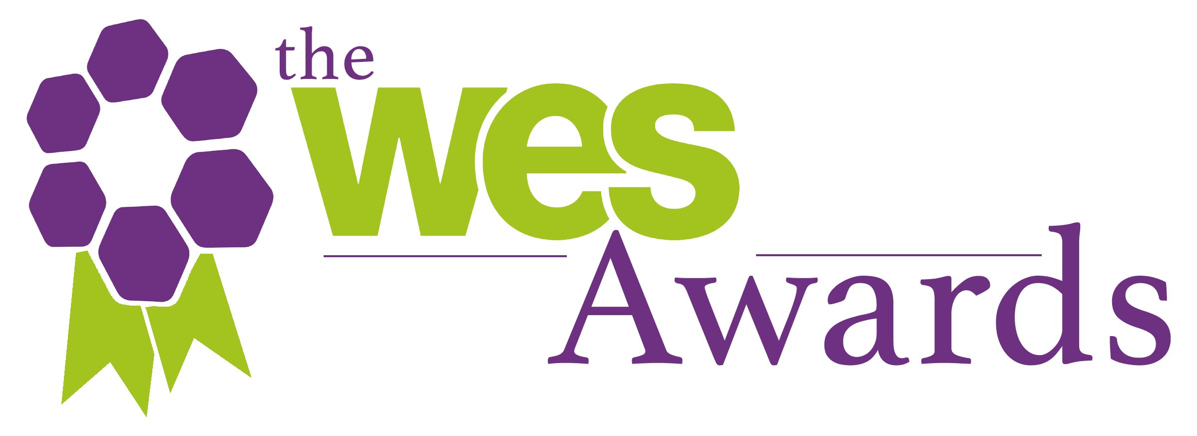 Logo for the WES Awards featuring purple hexagons resembling a honeycomb, green ribbons, green and purple text.