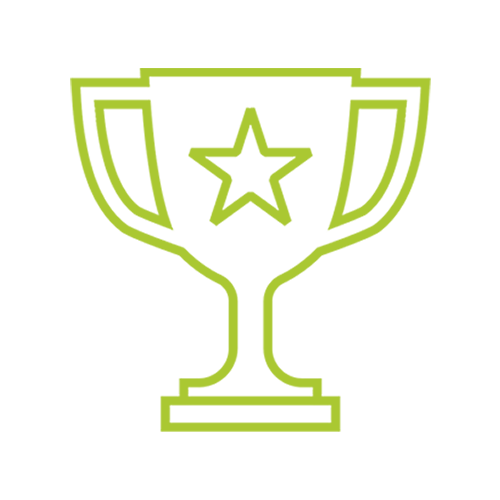 Green outline of a trophy cup with a star in the center, on a black background.