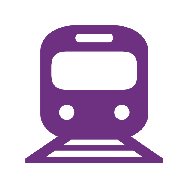 Purple train icon with front view on tracks