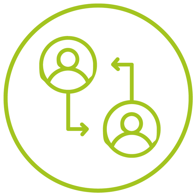 Green icon showing two person symbols connected with arrows, illustrating a transfer or exchange between two people.