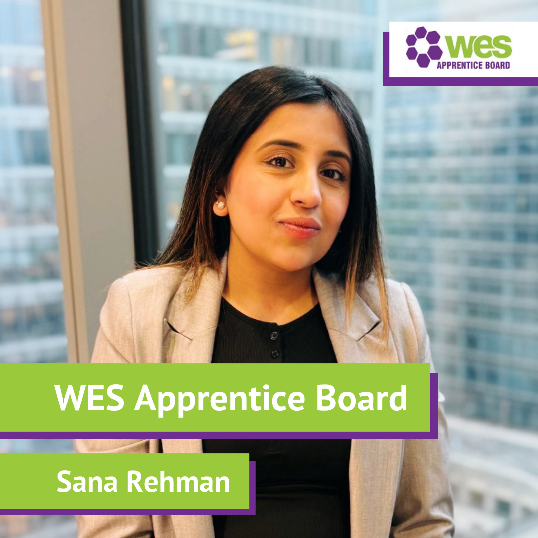 Professional woman Sana Rehman sitting in an office with city skyscrapers visible through the window, wearing a beige blazer and black top, with text overlay indicating she is on the WES Apprentice Board.