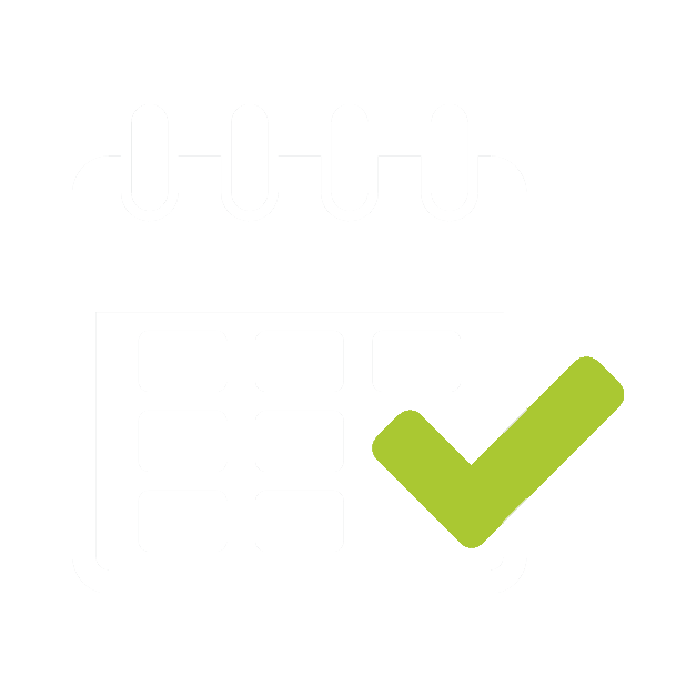 Icon of a calendar with a large green checkmark.