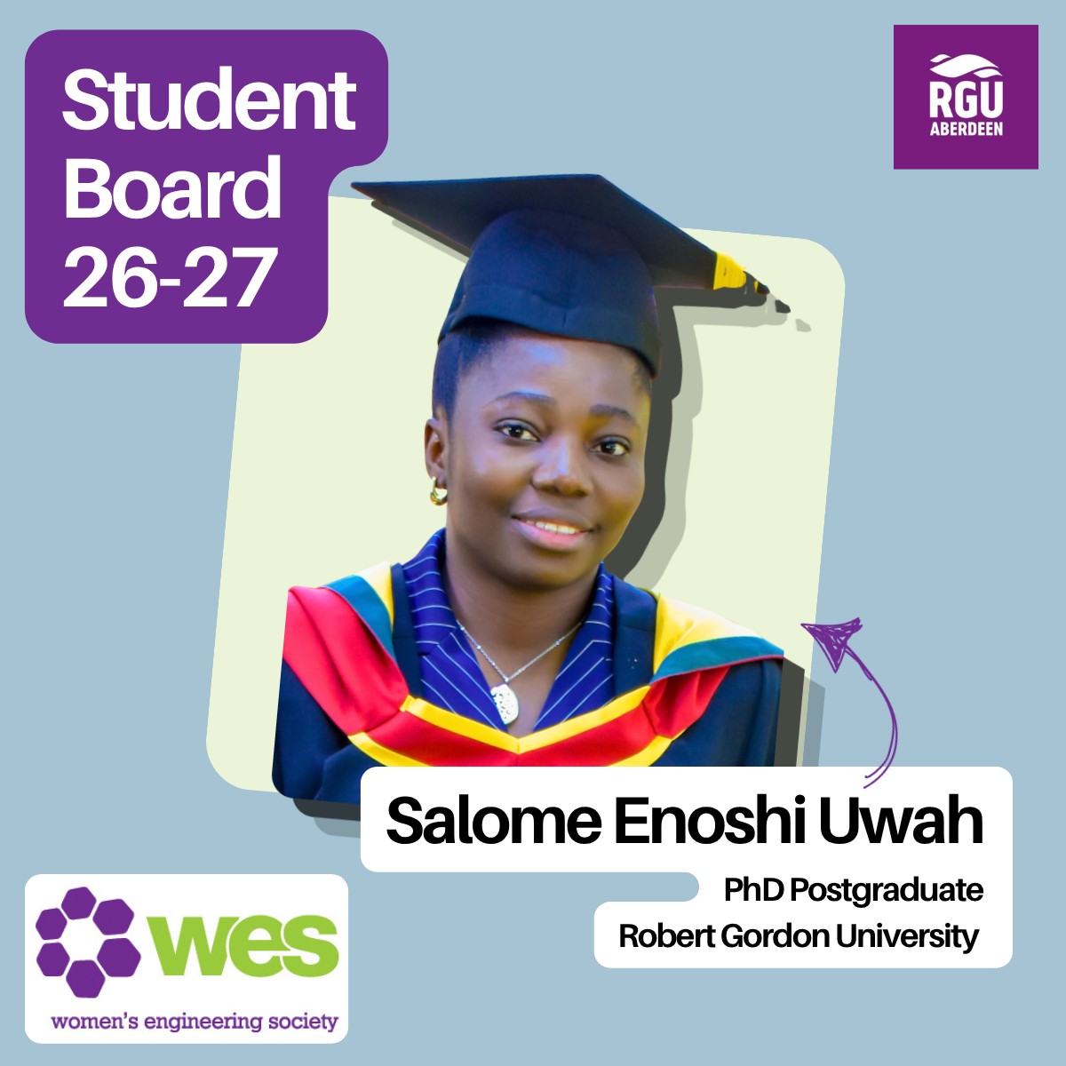 Woman in a mortar board and a label saying studetnt board
