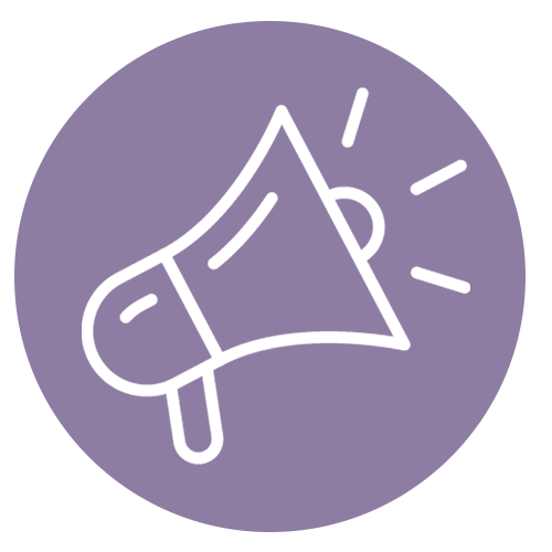 A white outline of a megaphone on a purple circular background, emitting sound waves.