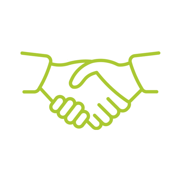 Illustration of a handshake with two hands outlined in green against a black background.