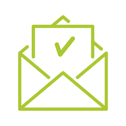 Green outline of an envelope with a checkmark inside a card