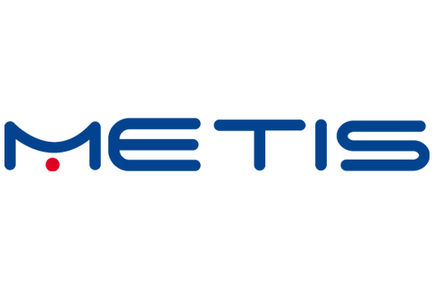 Metis logo with stylized letter M and red dot, text in blue.