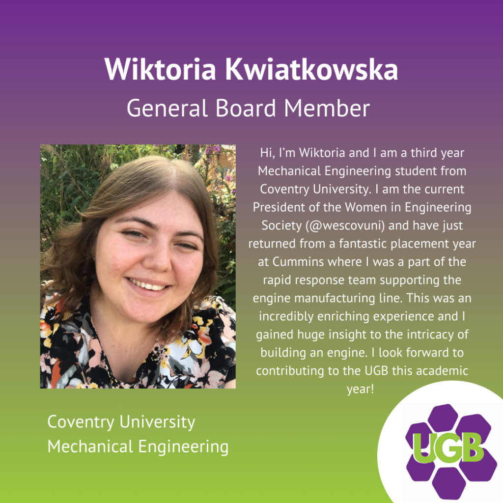 A digital ID card for Wiktoria Kwiatkowska, a General Board Member, with her photo, a purple gradient background, and the UGB logo featuring purple honeycomb shapes and green letters, along with a description of her background and activities in engineering.