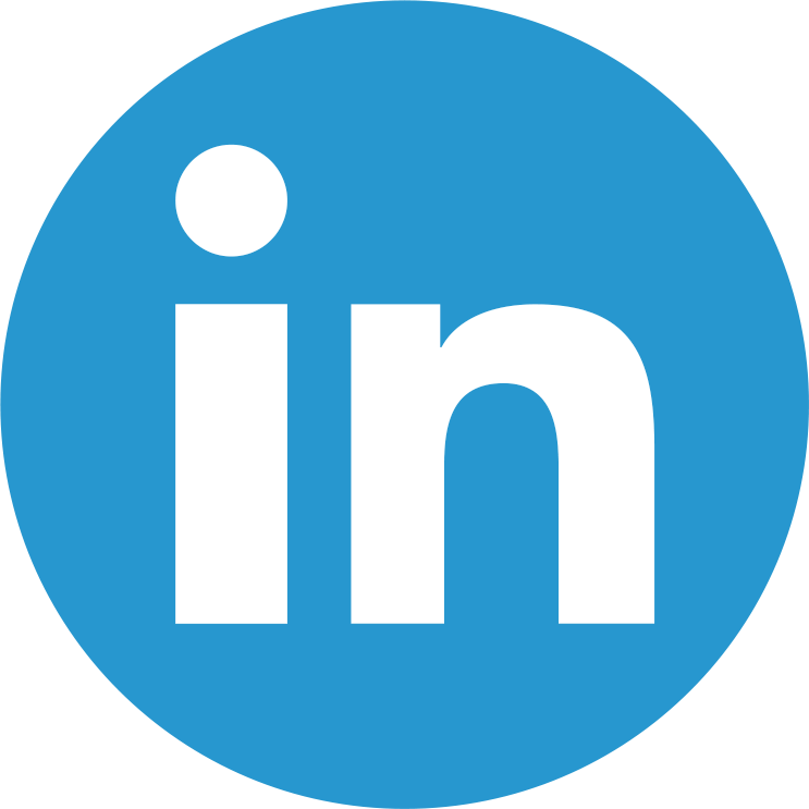 LinkedIn logo with white lowercase letters 'in' on a blue circular background.