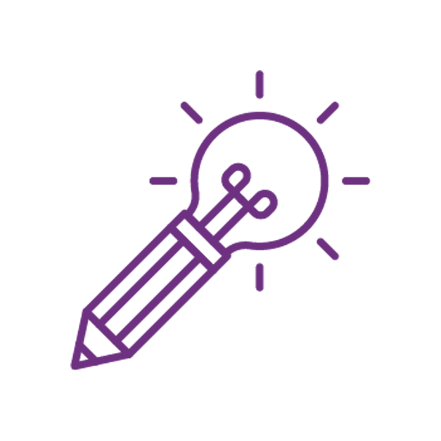 Purple outline of a pencil combined with a light bulb, symbolizing ideas and creativity.