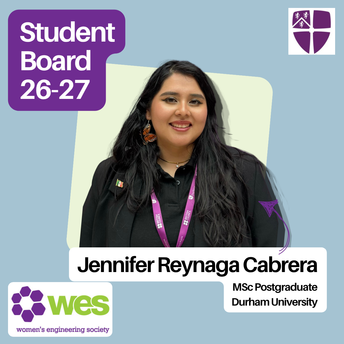 Woman wearing black top and jacket with  label saying student board