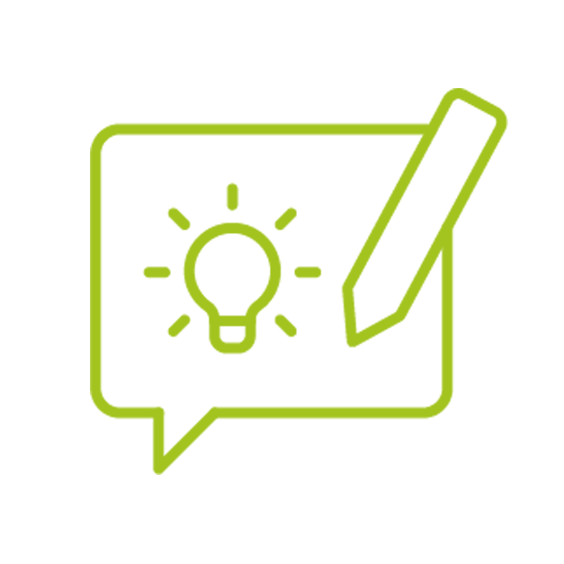 Green outline of a speech bubble with a lightbulb icon and a pencil inside.