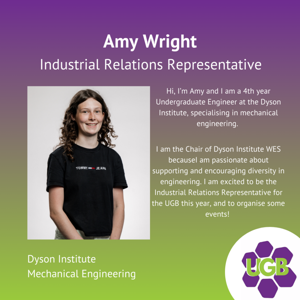 A digital profile card for Amy Wright, an industrial relations representative and 4th year mechanical engineering undergraduate at Dyson Institute. The card features her photo, name, title, a brief introduction, and the Dyson Institute logo at the bottom right.