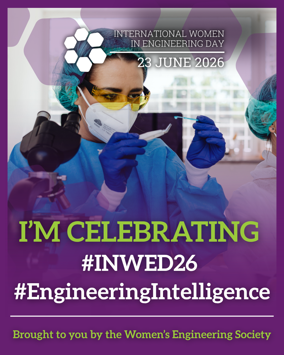 A woman in medical protective gear and safety glasses working in a laboratory, holding a pipette and wearing a mask, celebrating International Women in Engineering Day, June 23, 2026.
