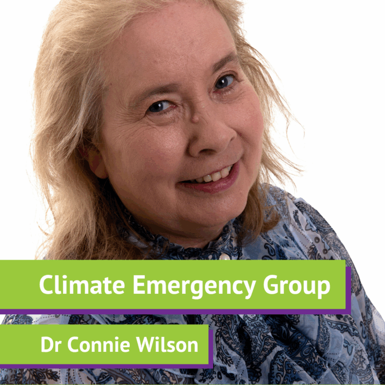 A woman with shoulder-length blonde hair smiling, wearing a blue, patterned shirt, against a white background, with a green and purple banner displaying "Climate Emergency Group" and "Dr Connie Wilson."