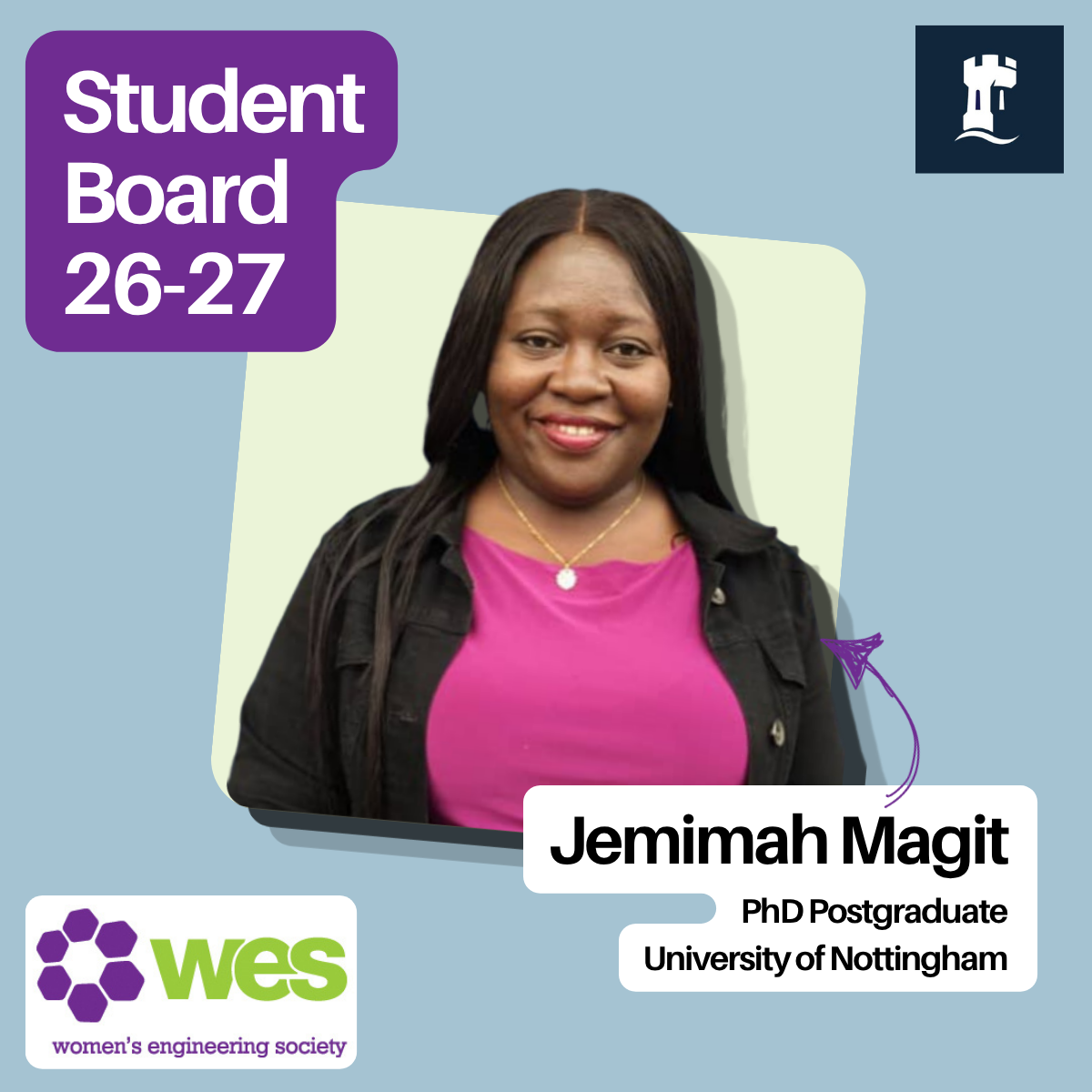 woman in a pink top with a label saying student board