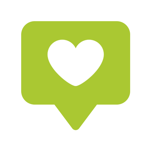 Green speech bubble icon with a black heart inside.