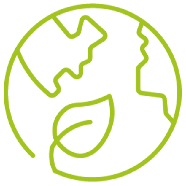 Outline drawing of the Earth with a leaf, representing environmental sustainability.