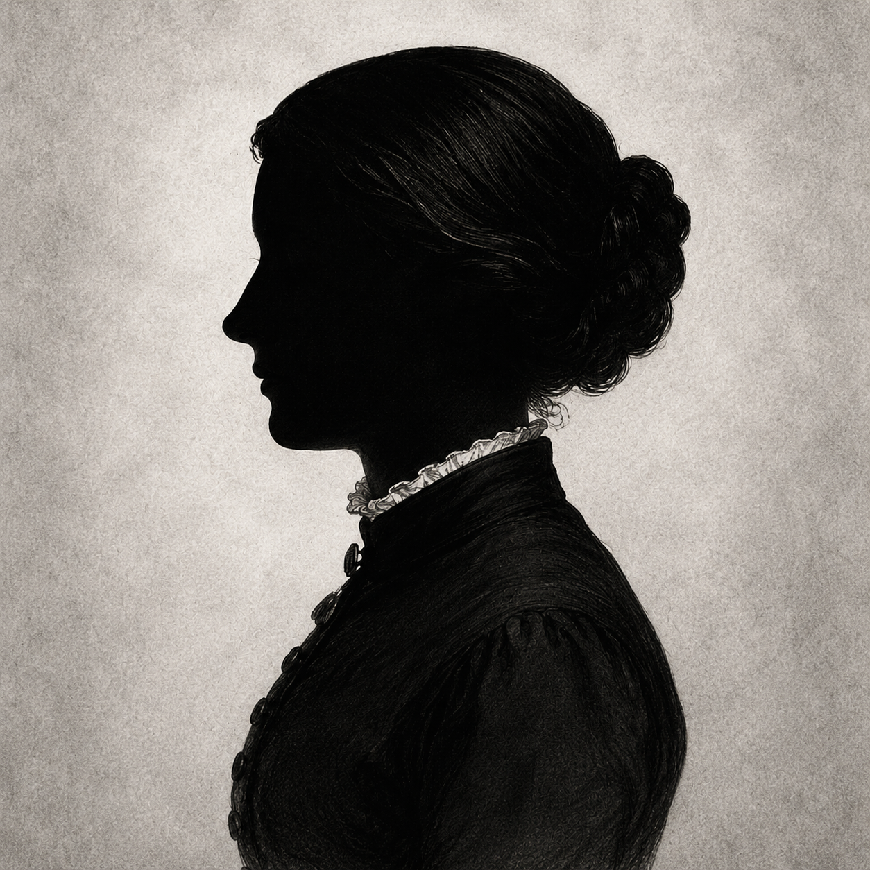 Silhouette of a woman in Victorian-style attire with a high-collared dress and elaborate hairstyle.