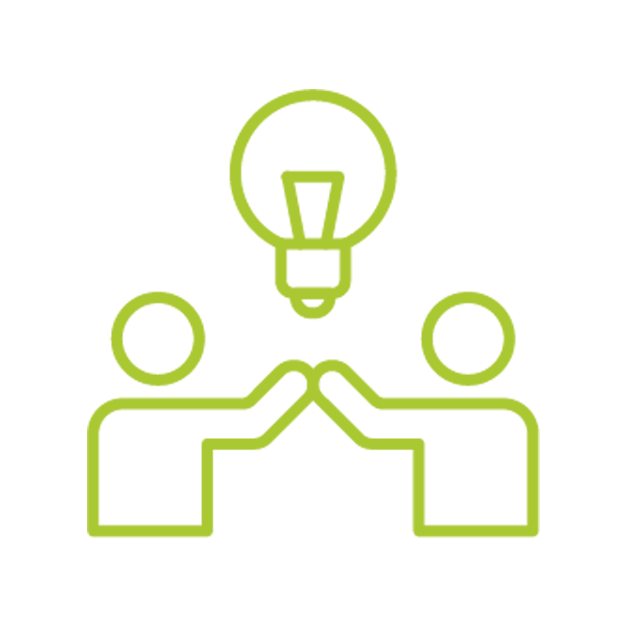 Two people shaking hands with a lightbulb above them, symbolizing collaboration and shared ideas.