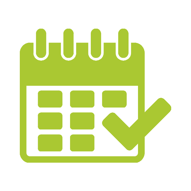 Green calendar icon with checkmark on a black background.