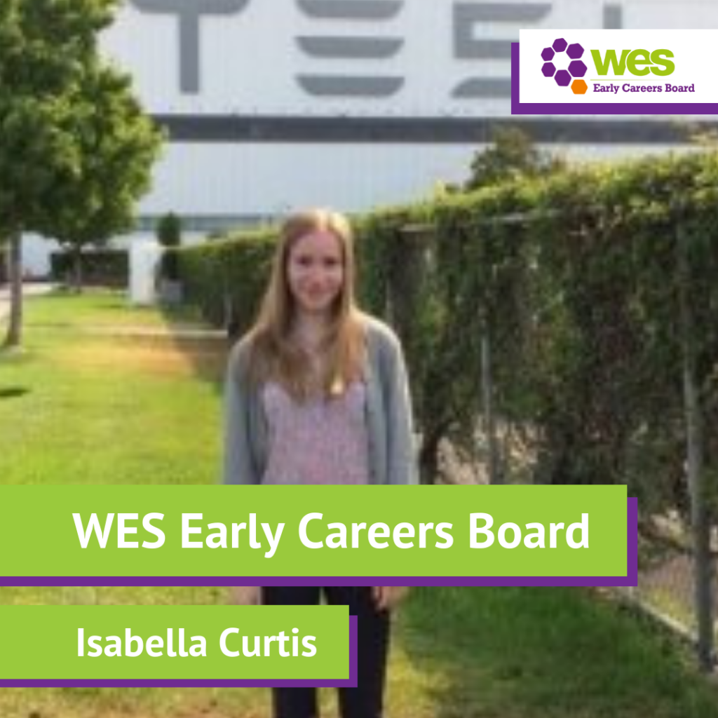 A girl standing outdoors in a park or garden, with a hedge and trees in the background, smiling at the camera. The top right corner has a logo for WES Early Careers Board, and the bottom overlay text says "WES Early Careers Board" and "Isabella Curtis."