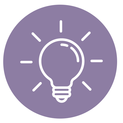 White light bulb icon with rays on a purple circular background.