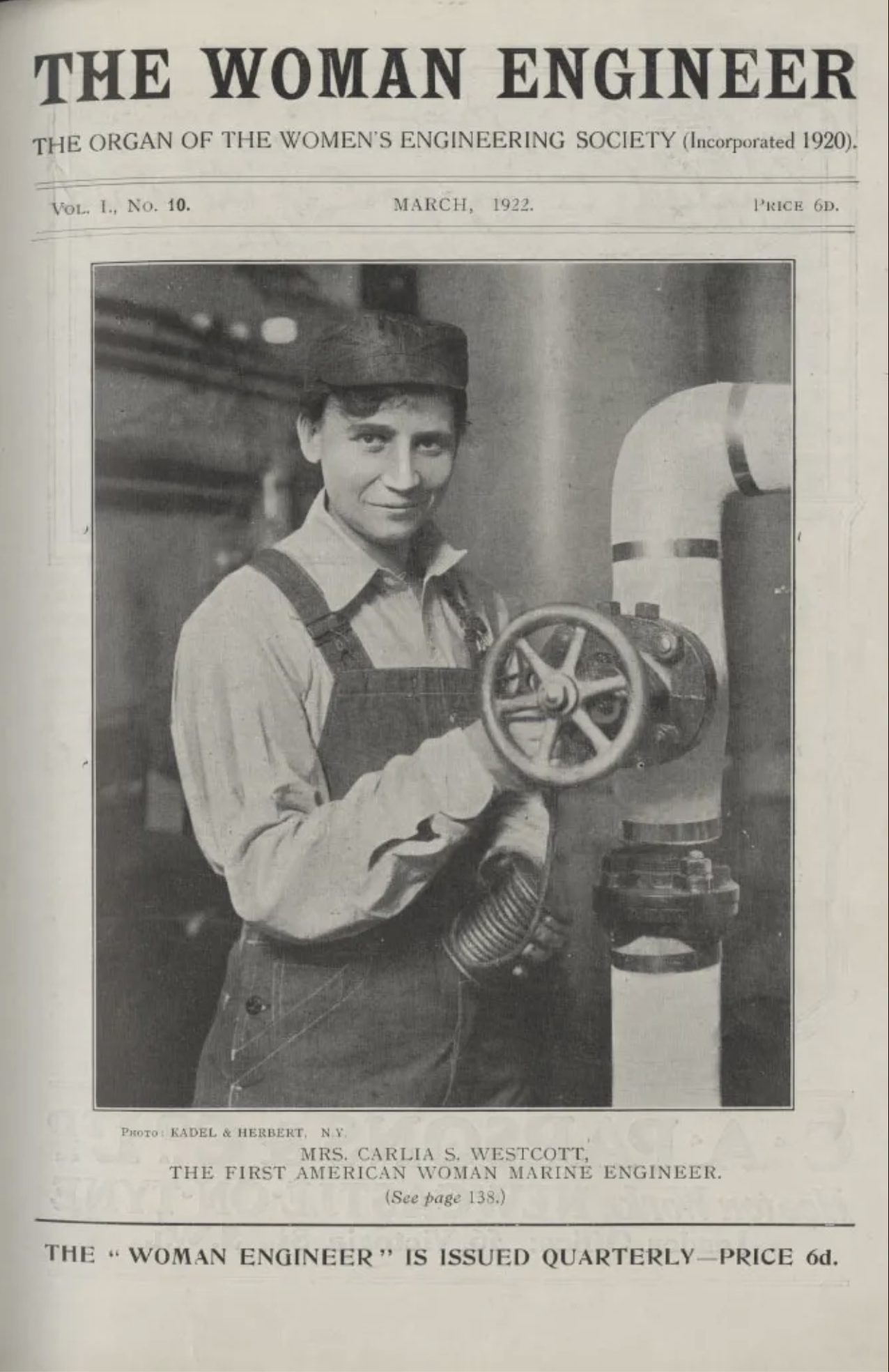 A black and white photograph of Mrs. Carla S. Westcott, the first American woman marine engineer, standing with a machine in an industrial setting, wearing work overalls and a cap, smiling at the camera. The image is from the March 1922 issue of 'The Woman Engineer' magazine.