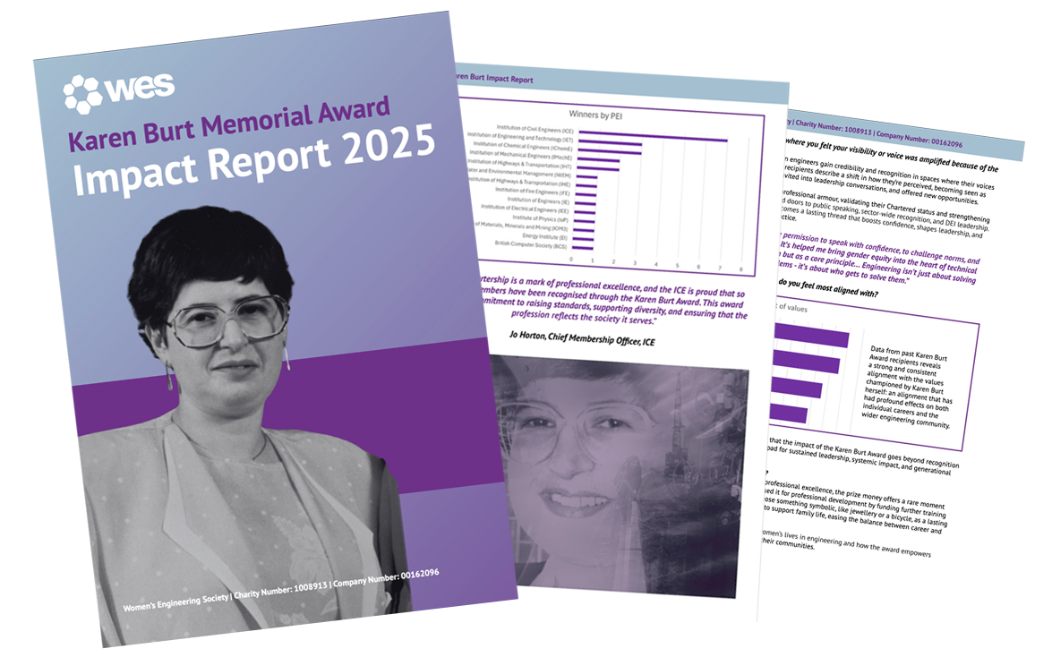 Cover page of the 2025 Impact Report for the Karen Burt Memorial Award, featuring a black and white portrait of a woman with short dark hair and glasses, with purple and gray design elements.
