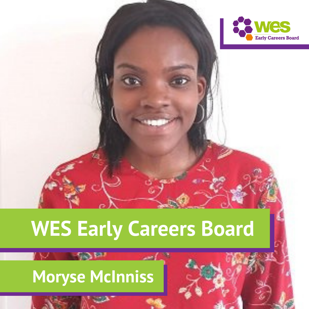 A woman with dark hair and hoop earrings, smiling, wearing a red floral blouse, standing against a white background with the WES Early Careers Board logo in the top right corner and a green banner with white text that reads 'WES Early Careers Board' and 'Moryse McInnis'.