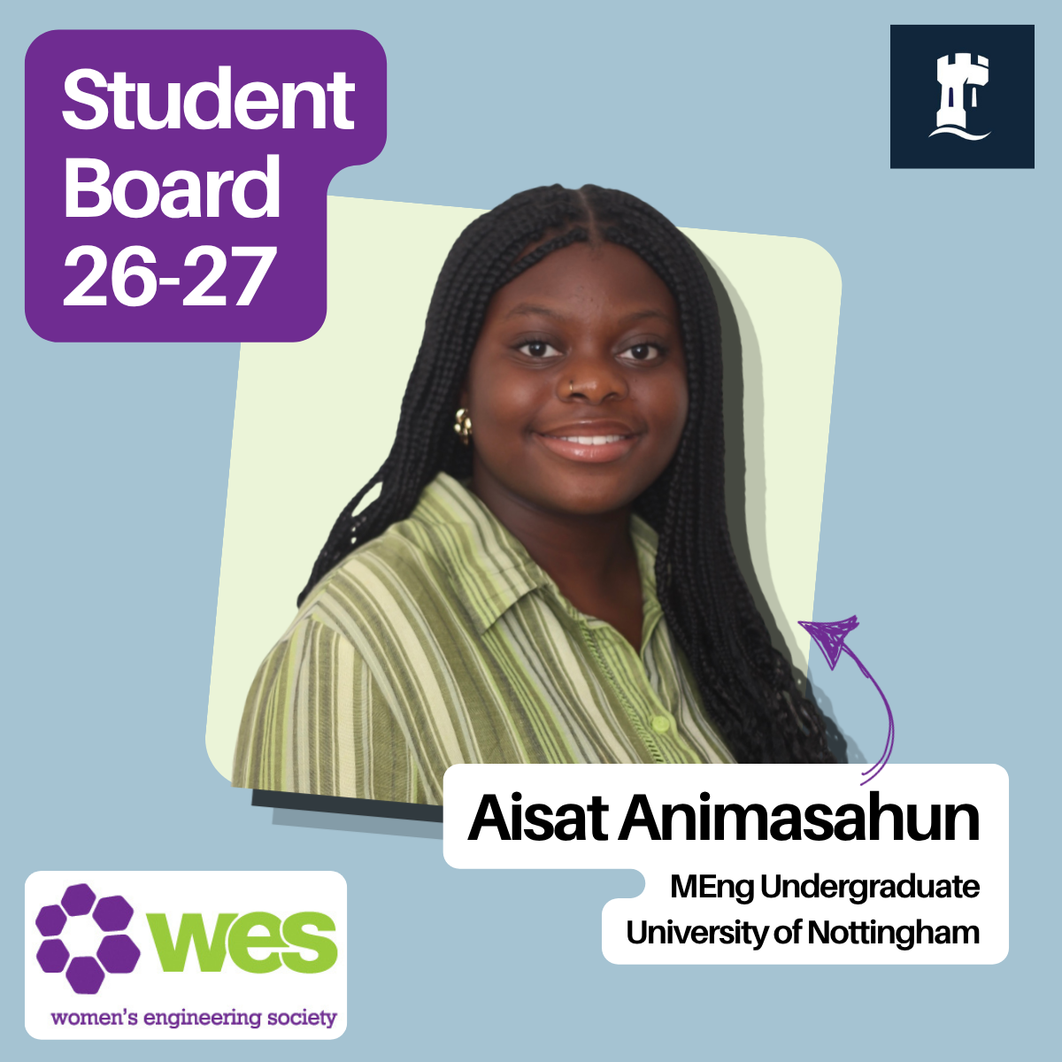 Picture of woman with long dark hair and title saying student board