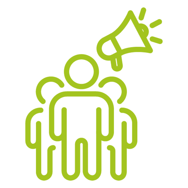 Green icon of a person with three chairs behind, and a megaphone emitting sound waves above.