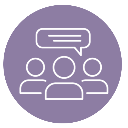 An icon of three people with a speech bubble above them on a purple background.
