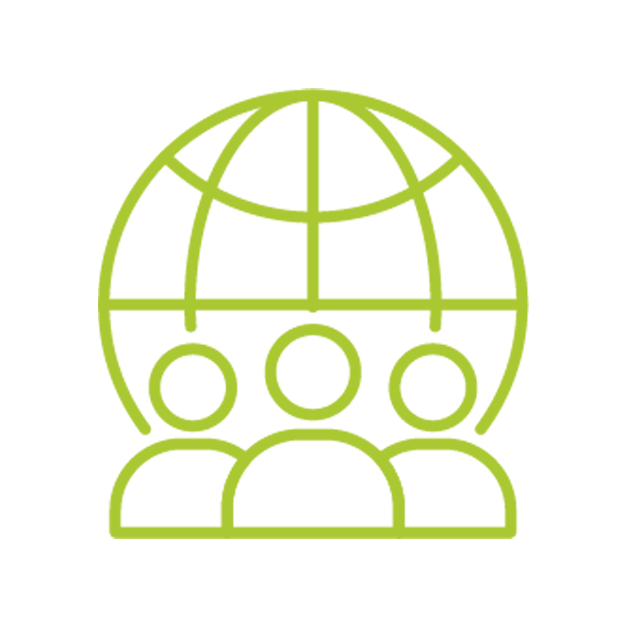 Green line icon of three people in front of a globe backdrop.