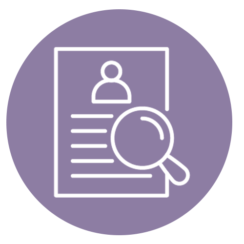 Icon of a resume with a magnifying glass, representing job searching or candidate review.