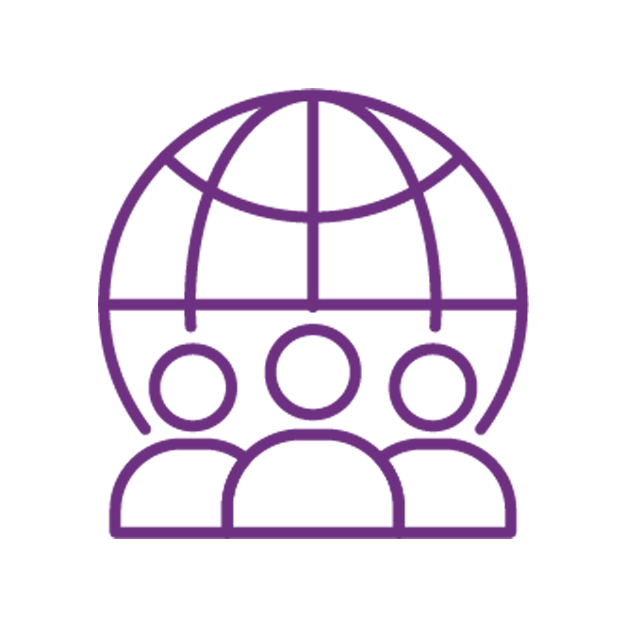 Purple line drawing of three people in front of a globe with latitude and longitude lines