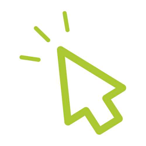 Green computer cursor icon with lines indicating clicking or selection.