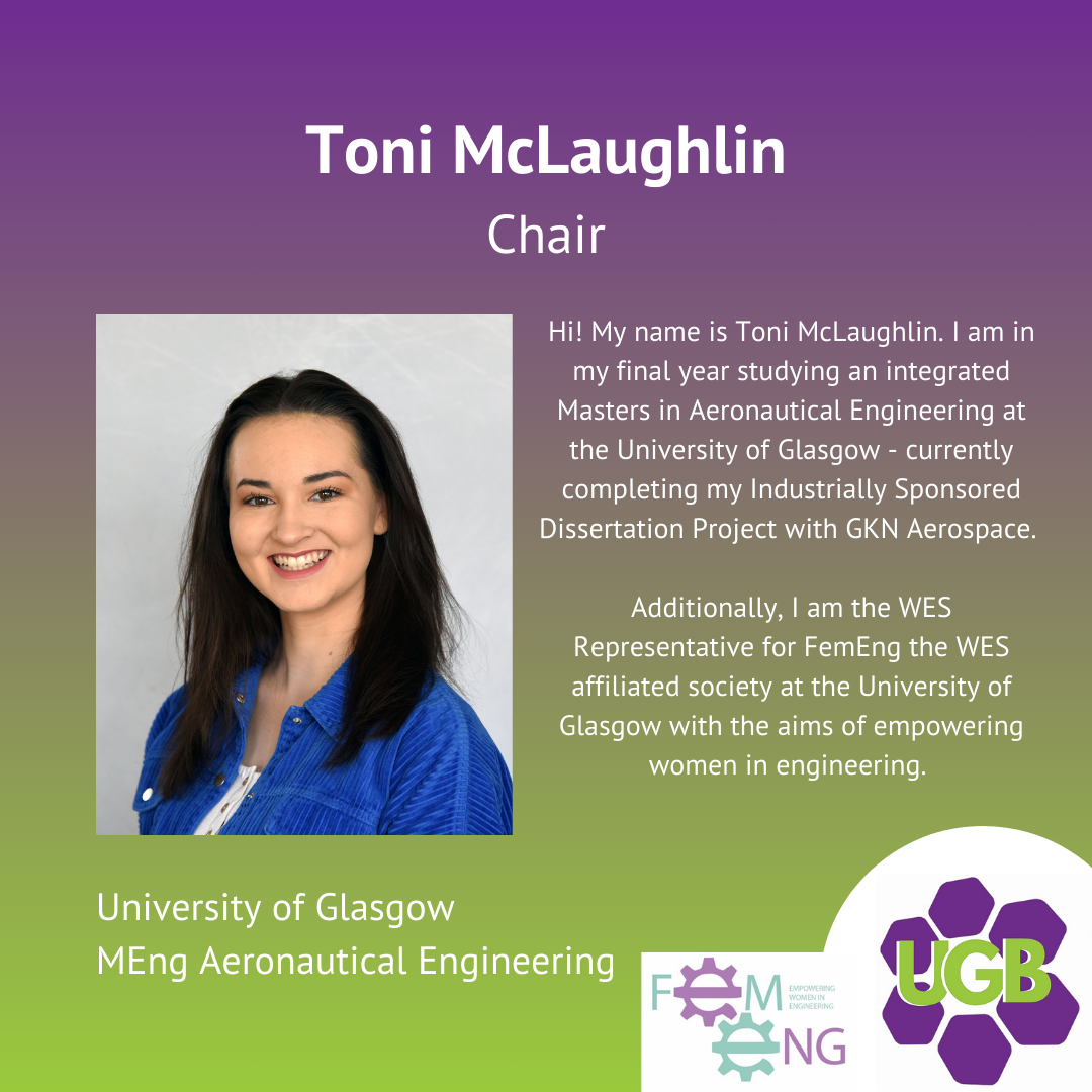 Profile of Toni McLaughlin, a woman with dark hair smiling, wearing a blue shirt, with background text about her academic achievements and roles, and logos including UGB and others.
