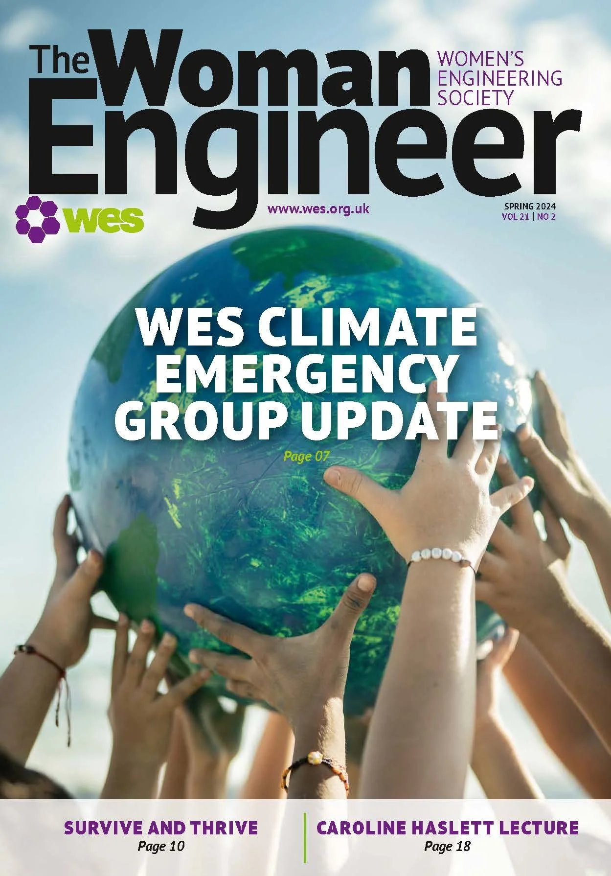 Magazine cover titled "The Woman Engineer" for the Women's Engineering Society, spring 2024 issue, featuring multiple hands holding a globe. Main headline: "WES Climate Emergency Group Update, Page 07." Additional headlines: "Survive and Thrive, Page 10" and "Caroline Haslett Lecture, Page 18."