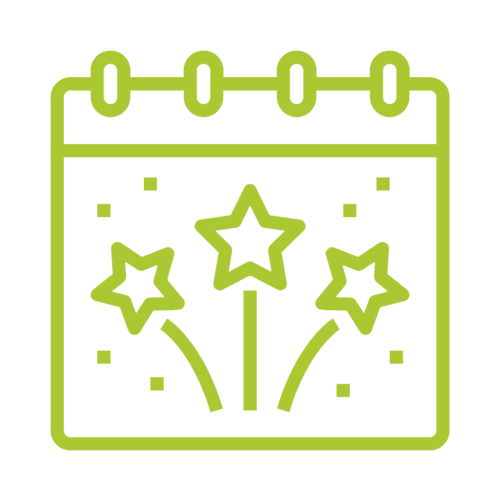 Green icon of a calendar with fireworks and stars inside.