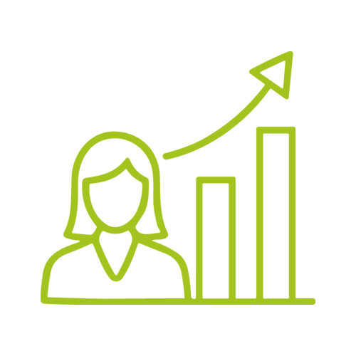 Outline of a woman, rising bar chart, and upward arrow, representing growth or success