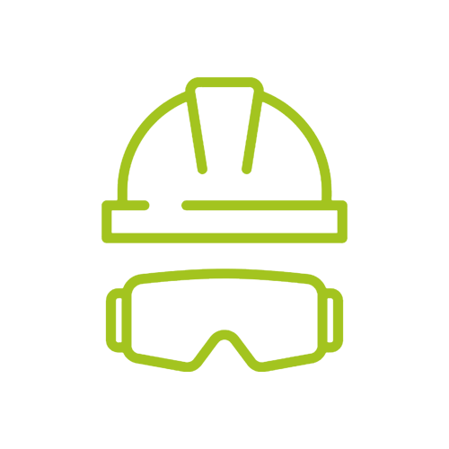 Green line drawing of a construction helmet and safety goggles on a black background.
