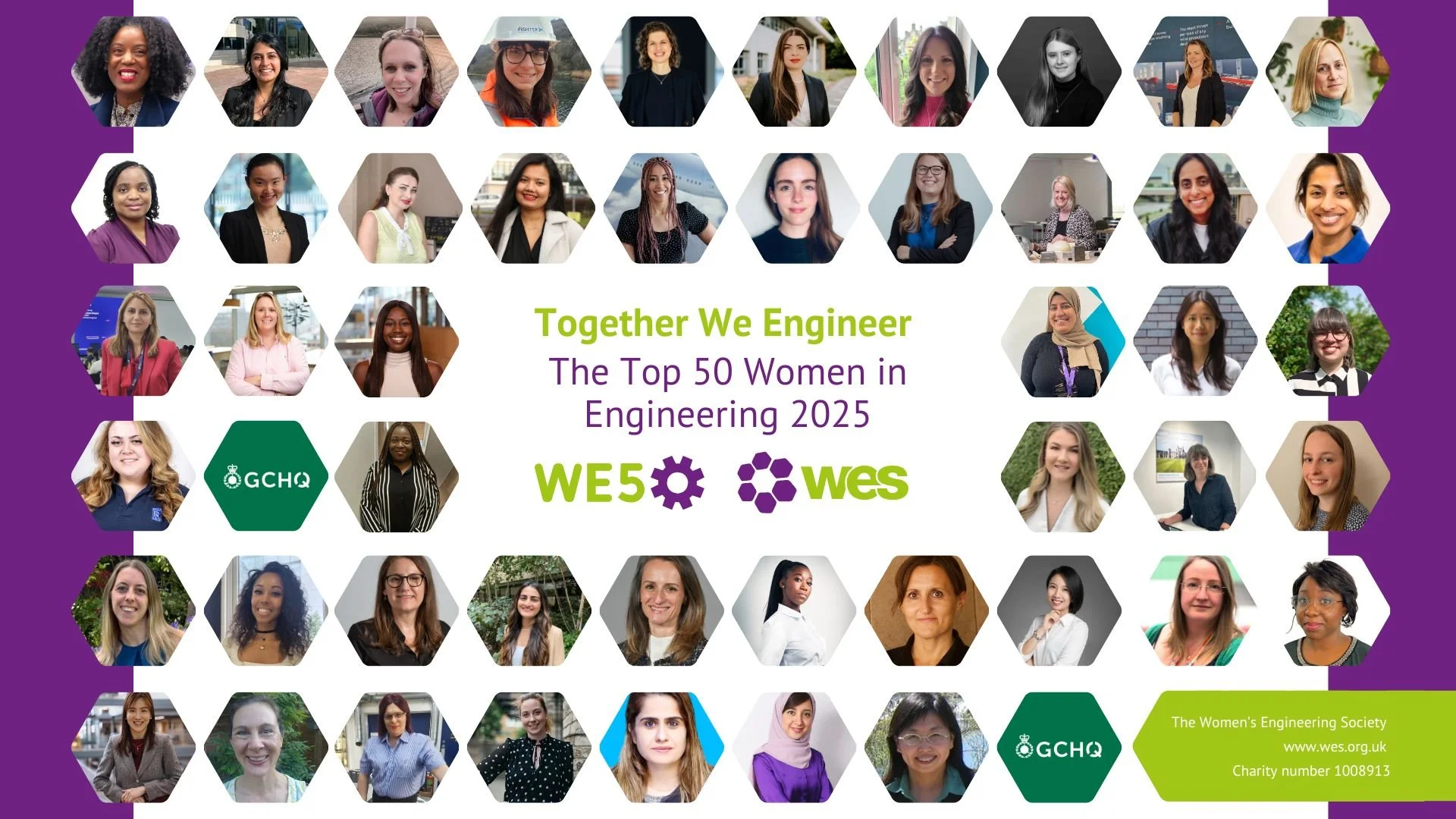 Collage of diverse women engineers with text reading, 'Together We Engineer, The Top 50 Women in Engineering 2025, WE50, WES.' Includes logos of GCHQ and Women's Engineering Society, and a green box with charity information.