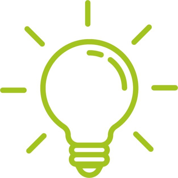 Green outline drawing of a lightbulb with rays of light radiating outward.