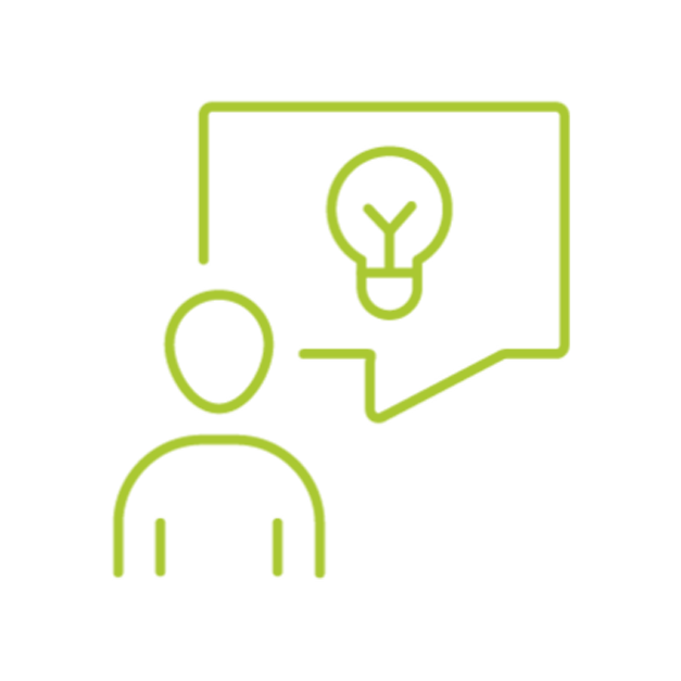 A person with a speech bubble containing a light bulb, symbolizing having an idea or insight.