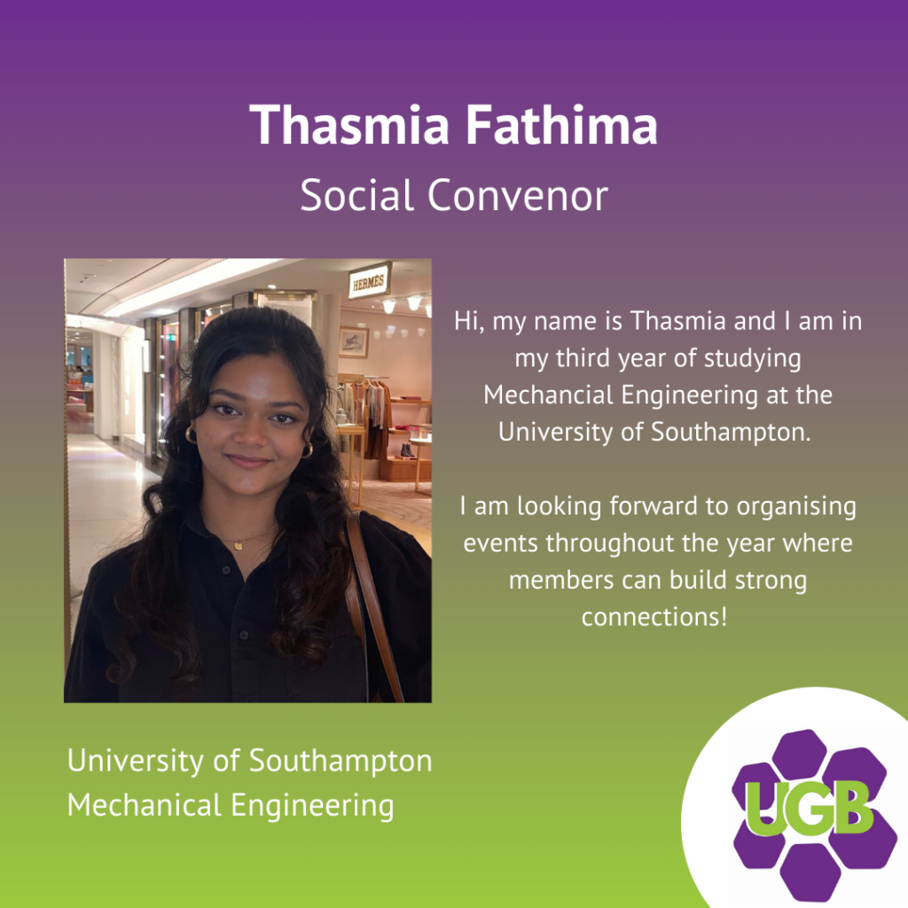 Profile card of Thasmia Fathima, a social convenor at the University of Southampton, with a photo of her smiling, wearing a black shirt, in a shopping mall setting, with purple and green gradient background and UGB logo.