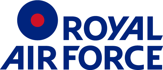 The Royal Air Force logo with a blue circle, red dot, and the words "Royal Air Force" in blue.