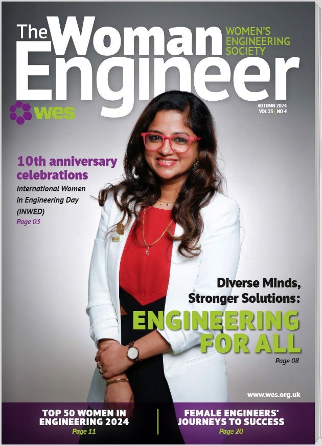 Cover of The Woman Engineer magazine, Autumn 2024 issue, featuring a smiling woman with long dark hair, wearing red glasses, a white blazer, and a red top. The magazine highlights include celebrating the 10th anniversary of Women in Engineering Day, promoting diverse minds and stronger solutions in engineering, and articles on top women and female engineers' journeys to success.